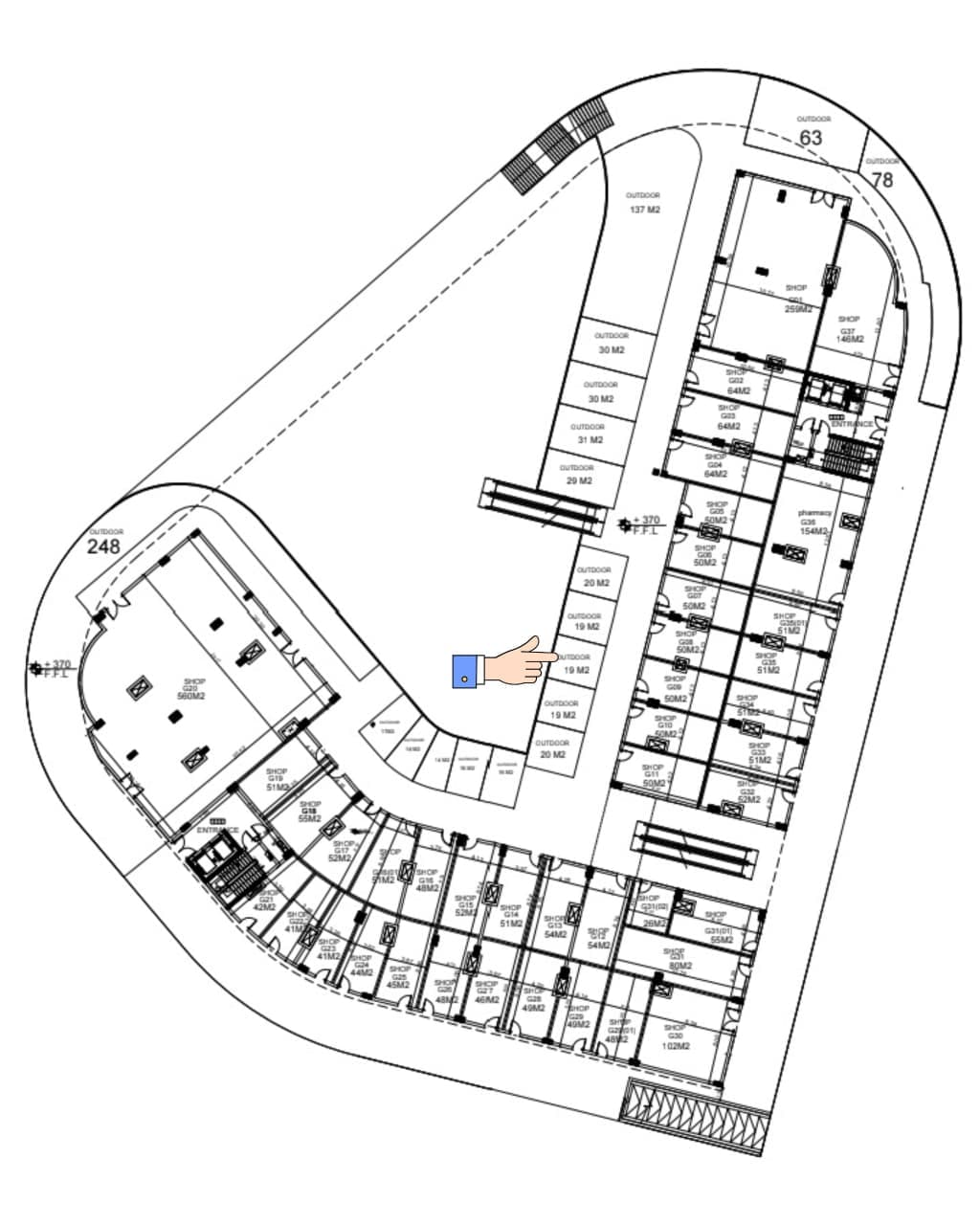 Tri Hub - محل F&B واجهة على البلازا — Qawafil Developments